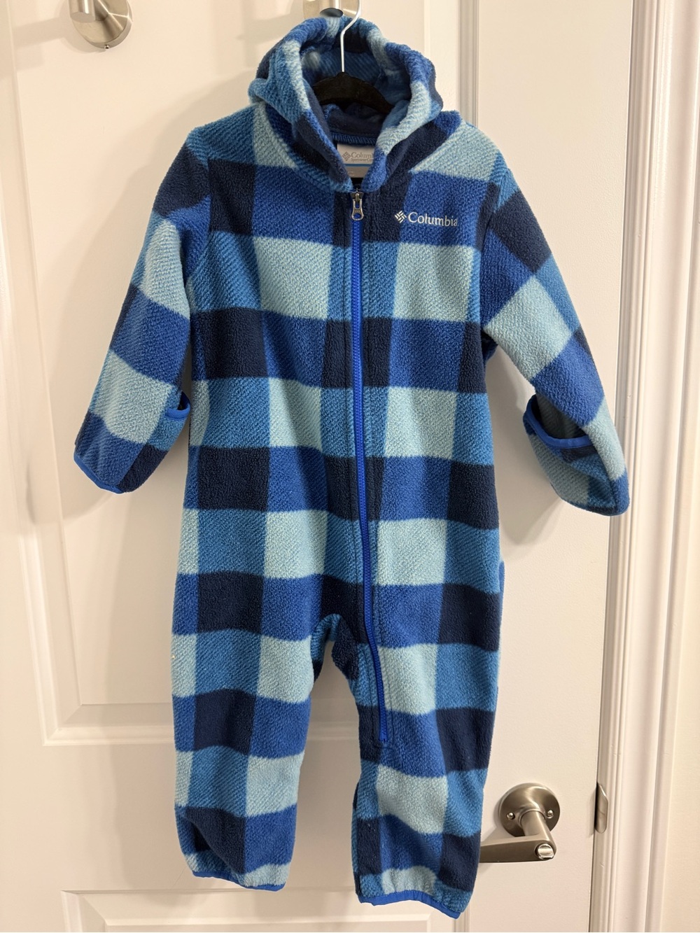 Columbia 12-18 M Blue Plaid Fleece One-Piece Bunting Snowsuit